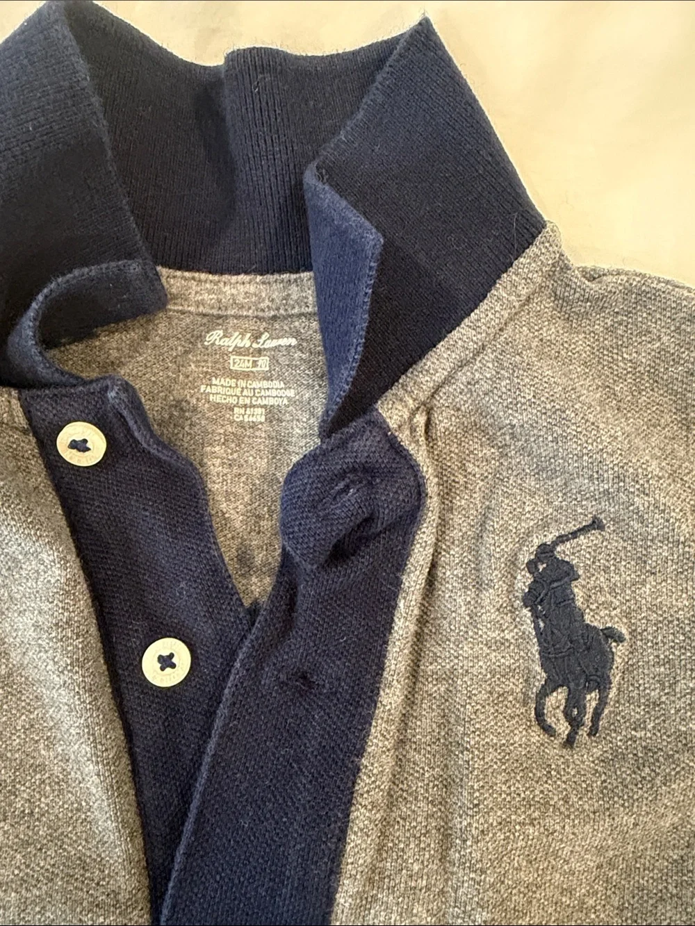 Ralph Lauren Gray One-Piece Romper with Navy Trim 24M